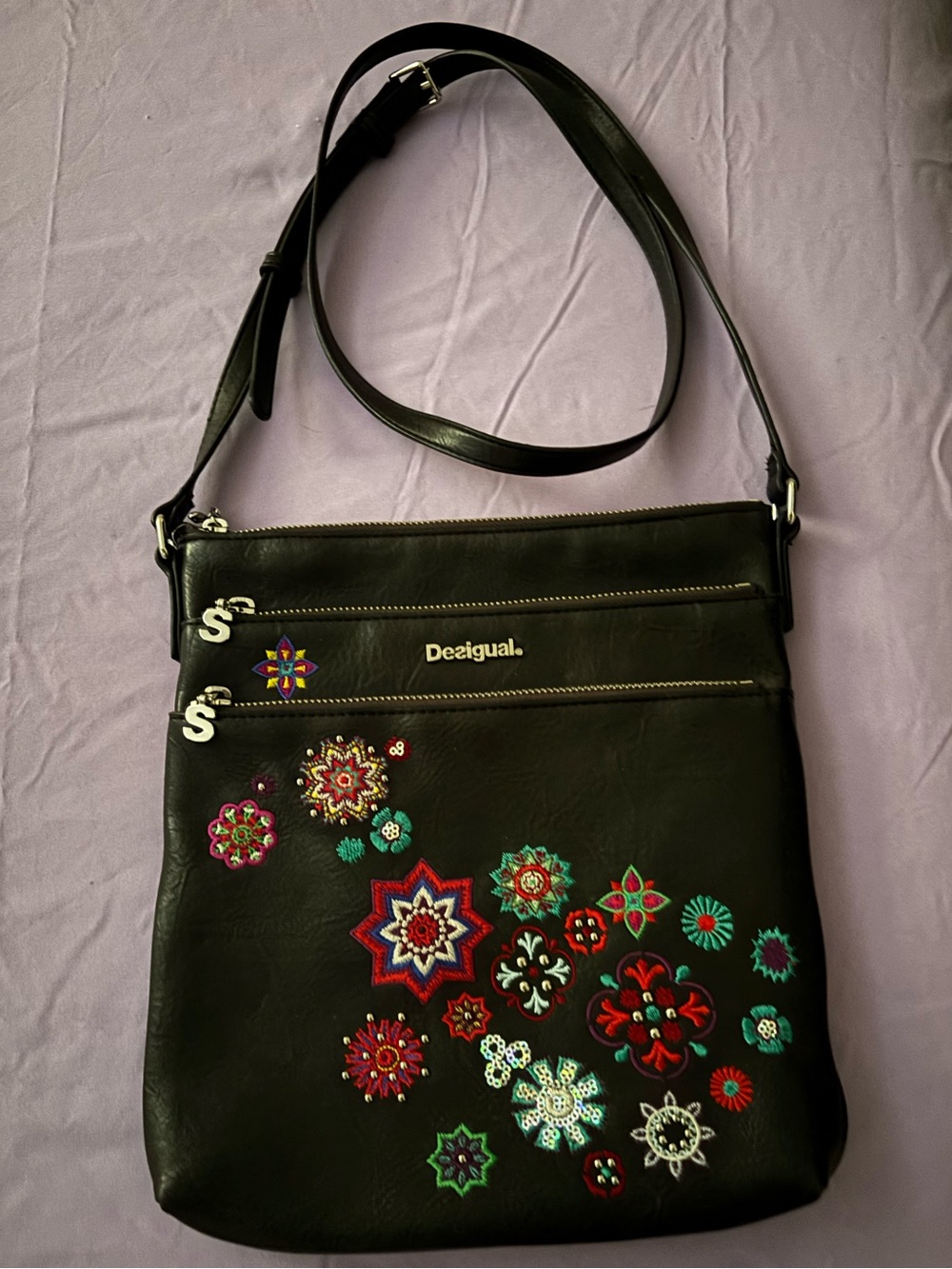 Desigual Black Crossbody Bag with Colorful Floral Embroidery